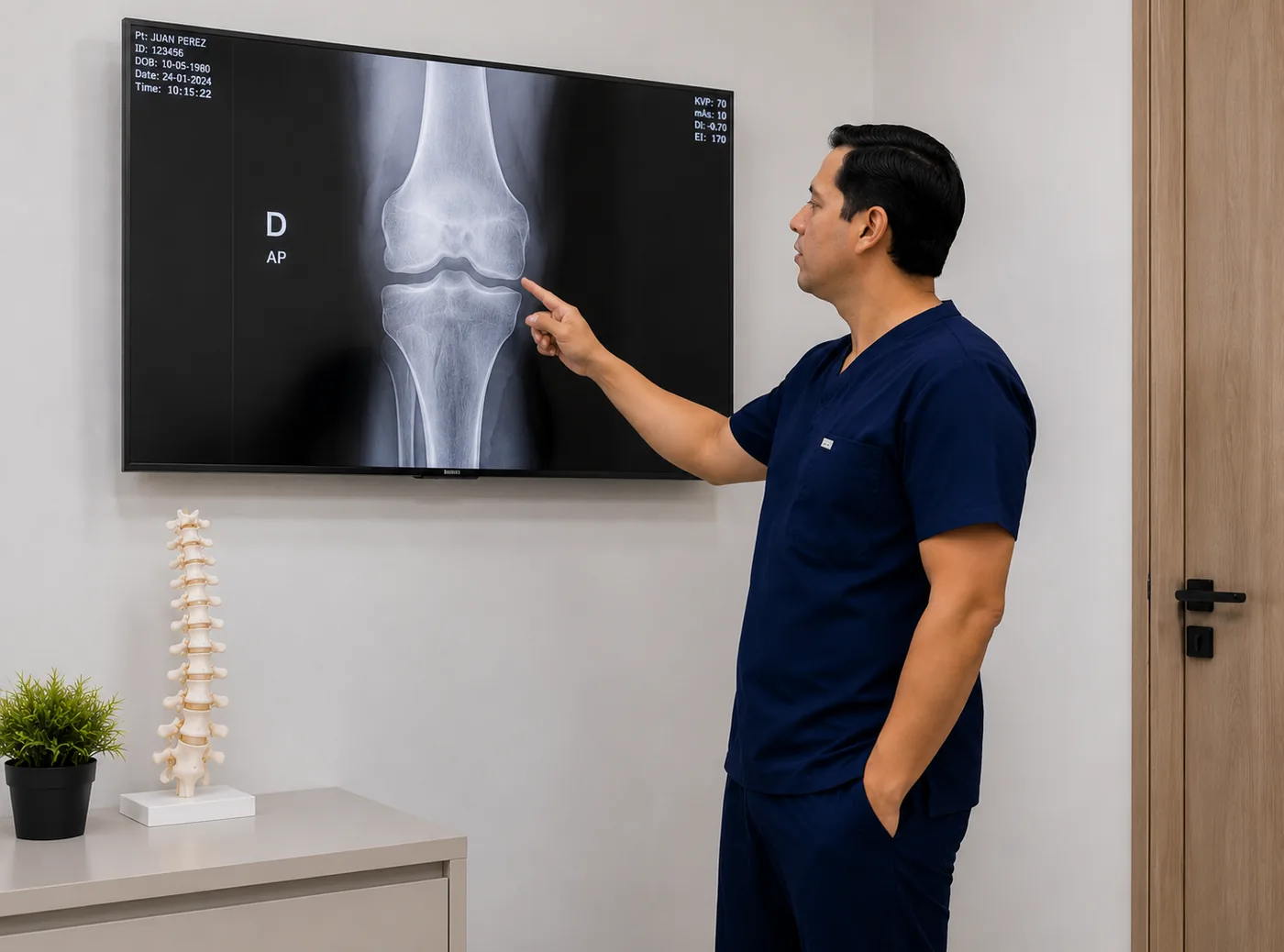 Dr. Juan Antonio Cruz Reyes valorando a un paciente y explicando una radiografía de rodilla en su consulta de ortopedia en Saltillo